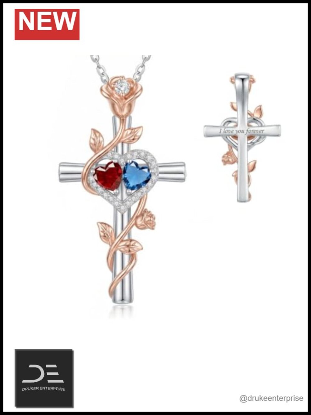 Rose Cross Pendant Necklace with Birthstones, Copper Two-Tone, I Love You